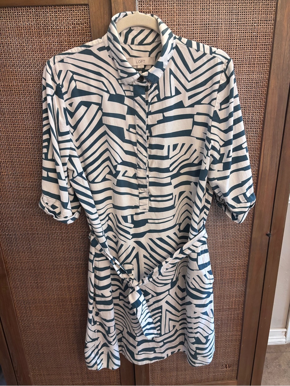 LOFT Teal and White Geometric Shirt Dress
